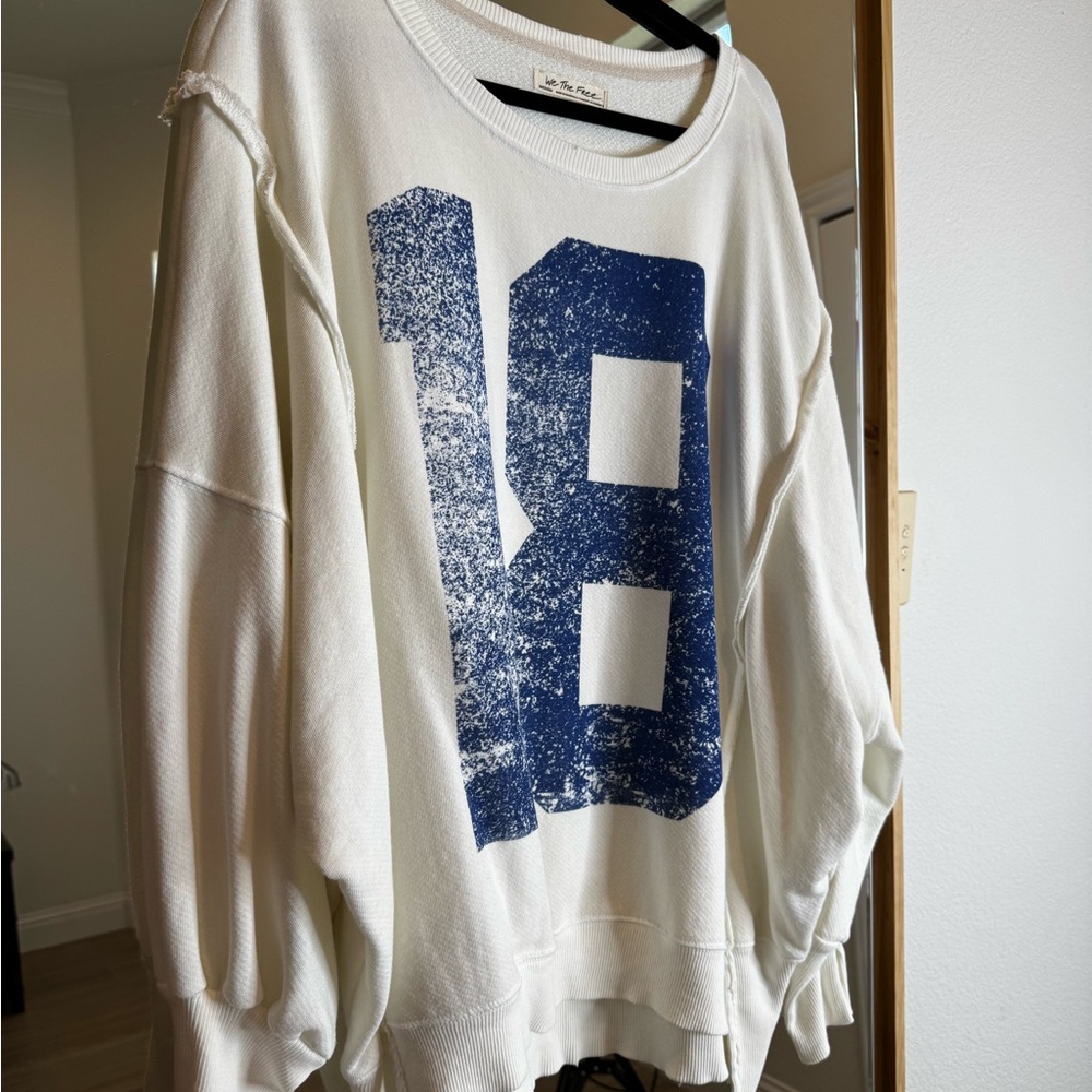 We The Free White and Blue Crew Neck Sweater with Graphic Design